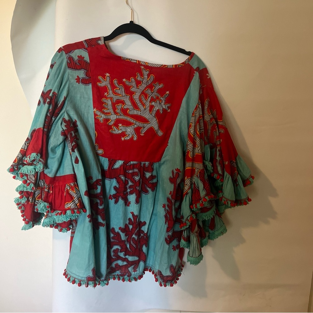 Antica Sanatoria Italian Blouse With Pom Poms , Fringe And Flared Sleeves - Picture 4 of 7